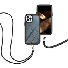 Silikon Hülle Handyhülle und Kunststoff Schutzhülle Hartschalen Tasche Vorder und Rückseite 360 Grad Ganzkörper mit Schlüsselband Lanyard für Apple iPhone 14 Pro Max Schwarz