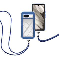 Silikon Hülle Handyhülle und Kunststoff Schutzhülle Hartschalen Tasche Vorder und Rückseite 360 Grad Ganzkörper mit Schlüsselband Lanyard für Google Pixel 8 5G Blau