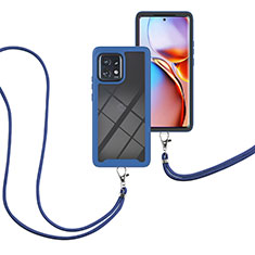 Silikon Hülle Handyhülle und Kunststoff Schutzhülle Hartschalen Tasche Vorder und Rückseite 360 Grad Ganzkörper mit Schlüsselband Lanyard für Motorola Moto Edge Plus (2023) 5G Blau