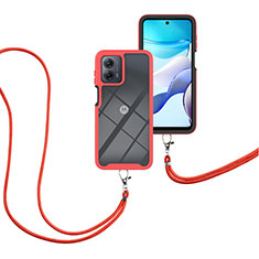 Silikon Hülle Handyhülle und Kunststoff Schutzhülle Hartschalen Tasche Vorder und Rückseite 360 Grad Ganzkörper mit Schlüsselband Lanyard für Motorola Moto G 5G (2023) Rot