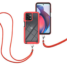 Silikon Hülle Handyhülle und Kunststoff Schutzhülle Hartschalen Tasche Vorder und Rückseite 360 Grad Ganzkörper mit Schlüsselband Lanyard für Motorola Moto G Stylus (2023) 4G Rot