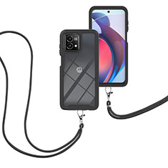 Silikon Hülle Handyhülle und Kunststoff Schutzhülle Hartschalen Tasche Vorder und Rückseite 360 Grad Ganzkörper mit Schlüsselband Lanyard für Motorola Moto G Stylus (2023) 4G Schwarz