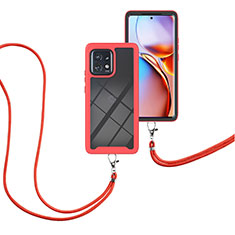 Silikon Hülle Handyhülle und Kunststoff Schutzhülle Hartschalen Tasche Vorder und Rückseite 360 Grad Ganzkörper mit Schlüsselband Lanyard für Motorola Moto X40 5G Rot