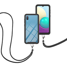 Silikon Hülle Handyhülle und Kunststoff Schutzhülle Hartschalen Tasche Vorder und Rückseite 360 Grad Ganzkörper mit Schlüsselband Lanyard für Samsung Galaxy A02 Schwarz