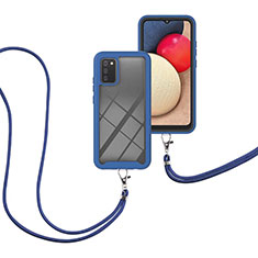 Silikon Hülle Handyhülle und Kunststoff Schutzhülle Hartschalen Tasche Vorder und Rückseite 360 Grad Ganzkörper mit Schlüsselband Lanyard für Samsung Galaxy A02s Blau