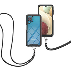 Silikon Hülle Handyhülle und Kunststoff Schutzhülle Hartschalen Tasche Vorder und Rückseite 360 Grad Ganzkörper mit Schlüsselband Lanyard für Samsung Galaxy A12 5G Schwarz