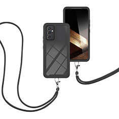 Silikon Hülle Handyhülle und Kunststoff Schutzhülle Hartschalen Tasche Vorder und Rückseite 360 Grad Ganzkörper mit Schlüsselband Lanyard für Samsung Galaxy A15 4G Schwarz