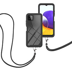 Silikon Hülle Handyhülle und Kunststoff Schutzhülle Hartschalen Tasche Vorder und Rückseite 360 Grad Ganzkörper mit Schlüsselband Lanyard für Samsung Galaxy A22 5G Schwarz