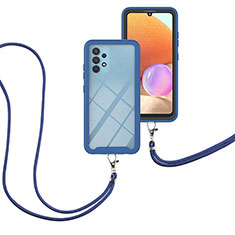 Silikon Hülle Handyhülle und Kunststoff Schutzhülle Hartschalen Tasche Vorder und Rückseite 360 Grad Ganzkörper mit Schlüsselband Lanyard für Samsung Galaxy A32 5G Blau