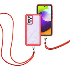 Silikon Hülle Handyhülle und Kunststoff Schutzhülle Hartschalen Tasche Vorder und Rückseite 360 Grad Ganzkörper mit Schlüsselband Lanyard für Samsung Galaxy A52 5G Rot