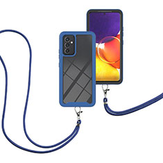 Silikon Hülle Handyhülle und Kunststoff Schutzhülle Hartschalen Tasche Vorder und Rückseite 360 Grad Ganzkörper mit Schlüsselband Lanyard für Samsung Galaxy A82 5G Blau