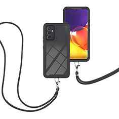 Silikon Hülle Handyhülle und Kunststoff Schutzhülle Hartschalen Tasche Vorder und Rückseite 360 Grad Ganzkörper mit Schlüsselband Lanyard für Samsung Galaxy Quantum2 5G Schwarz