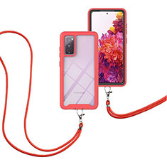 Silikon Hülle Handyhülle und Kunststoff Schutzhülle Hartschalen Tasche Vorder und Rückseite 360 Grad Ganzkörper mit Schlüsselband Lanyard für Samsung Galaxy S20 Lite 5G Rot