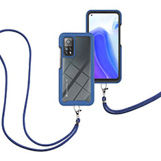 Silikon Hülle Handyhülle und Kunststoff Schutzhülle Hartschalen Tasche Vorder und Rückseite 360 Grad Ganzkörper mit Schlüsselband Lanyard für Xiaomi Mi 10T 5G Blau