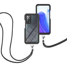 Silikon Hülle Handyhülle und Kunststoff Schutzhülle Hartschalen Tasche Vorder und Rückseite 360 Grad Ganzkörper mit Schlüsselband Lanyard für Xiaomi Mi 10T 5G Schwarz