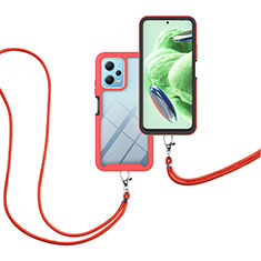 Silikon Hülle Handyhülle und Kunststoff Schutzhülle Hartschalen Tasche Vorder und Rückseite 360 Grad Ganzkörper mit Schlüsselband Lanyard für Xiaomi Poco X5 5G Rot