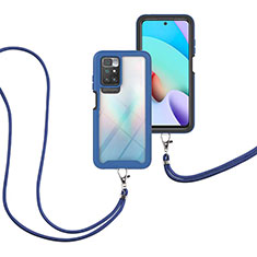 Silikon Hülle Handyhülle und Kunststoff Schutzhülle Hartschalen Tasche Vorder und Rückseite 360 Grad Ganzkörper mit Schlüsselband Lanyard für Xiaomi Redmi 10 (2022) Blau
