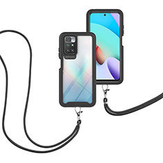 Silikon Hülle Handyhülle und Kunststoff Schutzhülle Hartschalen Tasche Vorder und Rückseite 360 Grad Ganzkörper mit Schlüsselband Lanyard für Xiaomi Redmi 10 (2022) Schwarz