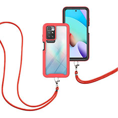 Silikon Hülle Handyhülle und Kunststoff Schutzhülle Hartschalen Tasche Vorder und Rückseite 360 Grad Ganzkörper mit Schlüsselband Lanyard für Xiaomi Redmi 10 4G Rot