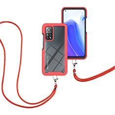 Silikon Hülle Handyhülle und Kunststoff Schutzhülle Hartschalen Tasche Vorder und Rückseite 360 Grad Ganzkörper mit Schlüsselband Lanyard für Xiaomi Redmi K30S 5G Rot