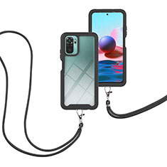 Silikon Hülle Handyhülle und Kunststoff Schutzhülle Hartschalen Tasche Vorder und Rückseite 360 Grad Ganzkörper mit Schlüsselband Lanyard für Xiaomi Redmi Note 10 4G Schwarz