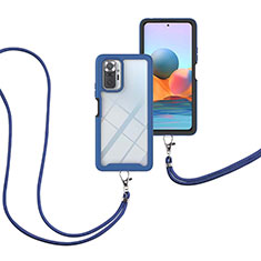 Silikon Hülle Handyhülle und Kunststoff Schutzhülle Hartschalen Tasche Vorder und Rückseite 360 Grad Ganzkörper mit Schlüsselband Lanyard für Xiaomi Redmi Note 10 Pro 4G Blau