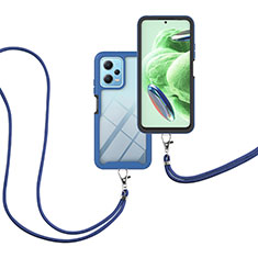 Silikon Hülle Handyhülle und Kunststoff Schutzhülle Hartschalen Tasche Vorder und Rückseite 360 Grad Ganzkörper mit Schlüsselband Lanyard für Xiaomi Redmi Note 12 5G Blau