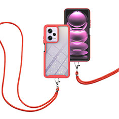 Silikon Hülle Handyhülle und Kunststoff Schutzhülle Hartschalen Tasche Vorder und Rückseite 360 Grad Ganzkörper mit Schlüsselband Lanyard für Xiaomi Redmi Note 12 Pro 5G Rot