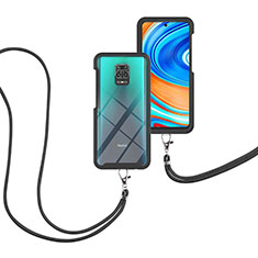 Silikon Hülle Handyhülle und Kunststoff Schutzhülle Hartschalen Tasche Vorder und Rückseite 360 Grad Ganzkörper mit Schlüsselband Lanyard für Xiaomi Redmi Note 9S Schwarz