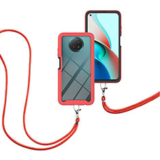 Silikon Hülle Handyhülle und Kunststoff Schutzhülle Hartschalen Tasche Vorder und Rückseite 360 Grad Ganzkörper mit Schlüsselband Lanyard für Xiaomi Redmi Note 9T 5G Rot