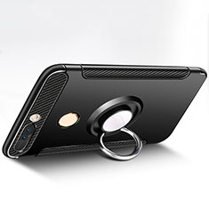 Silikon Hülle Handyhülle und Kunststoff Schutzhülle mit Fingerring Ständer für Huawei Honor 8 Pro Schwarz