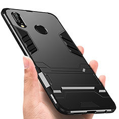 Silikon Hülle Handyhülle und Kunststoff Schutzhülle mit Ständer für Huawei P Smart+ Plus Schwarz