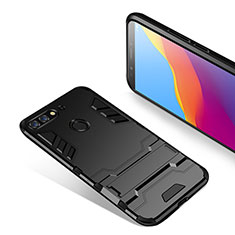 Silikon Hülle Handyhülle und Kunststoff Schutzhülle mit Ständer für Huawei Y7 (2018) Schwarz