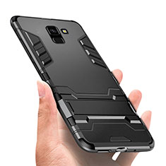 Silikon Hülle Handyhülle und Kunststoff Schutzhülle mit Ständer W01 für Samsung Galaxy J6 (2018) J600F Schwarz