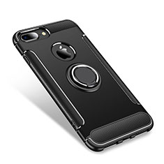 Silikon Hülle Handyhülle und Kunststoff Schutzhülle Tasche mit Fingerring Ständer für Apple iPhone 8 Plus Schwarz