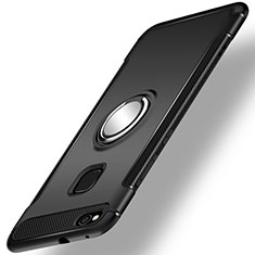 Silikon Hülle Handyhülle und Kunststoff Schutzhülle Tasche mit Fingerring Ständer für Huawei Nova Lite Schwarz