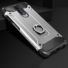Silikon Hülle Handyhülle und Kunststoff Schutzhülle Tasche mit Fingerring Ständer für Xiaomi Poco X2 Silber