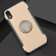 Silikon Hülle Handyhülle und Kunststoff Schutzhülle Tasche mit Fingerring Ständer S01 für Apple iPhone XR Gold