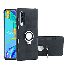 Silikon Hülle Handyhülle und Kunststoff Schutzhülle Tasche mit Fingerring Ständer S01 für Huawei P30 Schwarz