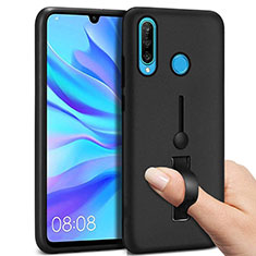 Silikon Hülle Handyhülle und Kunststoff Schutzhülle Tasche mit Fingerring Ständer S04 für Huawei P30 Lite New Edition Schwarz