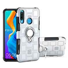 Silikon Hülle Handyhülle und Kunststoff Schutzhülle Tasche mit Magnetisch Fingerring Ständer A01 für Huawei P30 Lite XL Silber