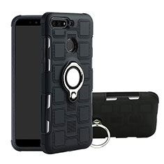 Silikon Hülle Handyhülle und Kunststoff Schutzhülle Tasche mit Magnetisch Fingerring Ständer für Huawei Y6 Prime (2018) Schwarz