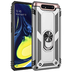 Silikon Hülle Handyhülle und Kunststoff Schutzhülle Tasche mit Magnetisch Fingerring Ständer für Samsung Galaxy A90 4G Silber