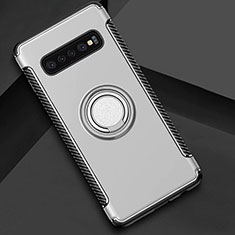 Silikon Hülle Handyhülle und Kunststoff Schutzhülle Tasche mit Magnetisch Fingerring Ständer für Samsung Galaxy S10 5G Silber