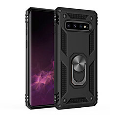 Silikon Hülle Handyhülle und Kunststoff Schutzhülle Tasche mit Magnetisch Fingerring Ständer für Samsung Galaxy S10 Plus Schwarz