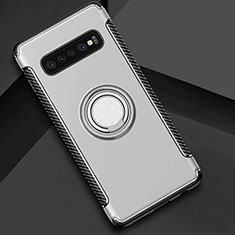 Silikon Hülle Handyhülle und Kunststoff Schutzhülle Tasche mit Magnetisch Fingerring Ständer für Samsung Galaxy S10 Silber