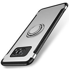 Silikon Hülle Handyhülle und Kunststoff Schutzhülle Tasche mit Magnetisch Fingerring Ständer für Samsung Galaxy S7 Edge G935F Silber