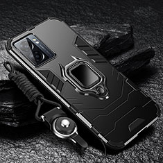 Silikon Hülle Handyhülle und Kunststoff Schutzhülle Tasche mit Magnetisch Fingerring Ständer R01 für Oppo A57 5G Schwarz