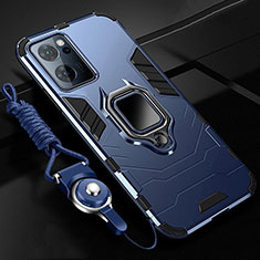 Silikon Hülle Handyhülle und Kunststoff Schutzhülle Tasche mit Magnetisch Fingerring Ständer R01 für Oppo Reno7 5G Blau