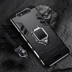 Silikon Hülle Handyhülle und Kunststoff Schutzhülle Tasche mit Magnetisch Fingerring Ständer R01 für Samsung Galaxy A80 Schwarz
